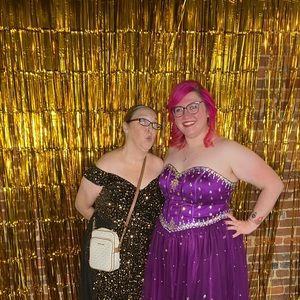 Beautiful black formal dress with gold sequins overlay.